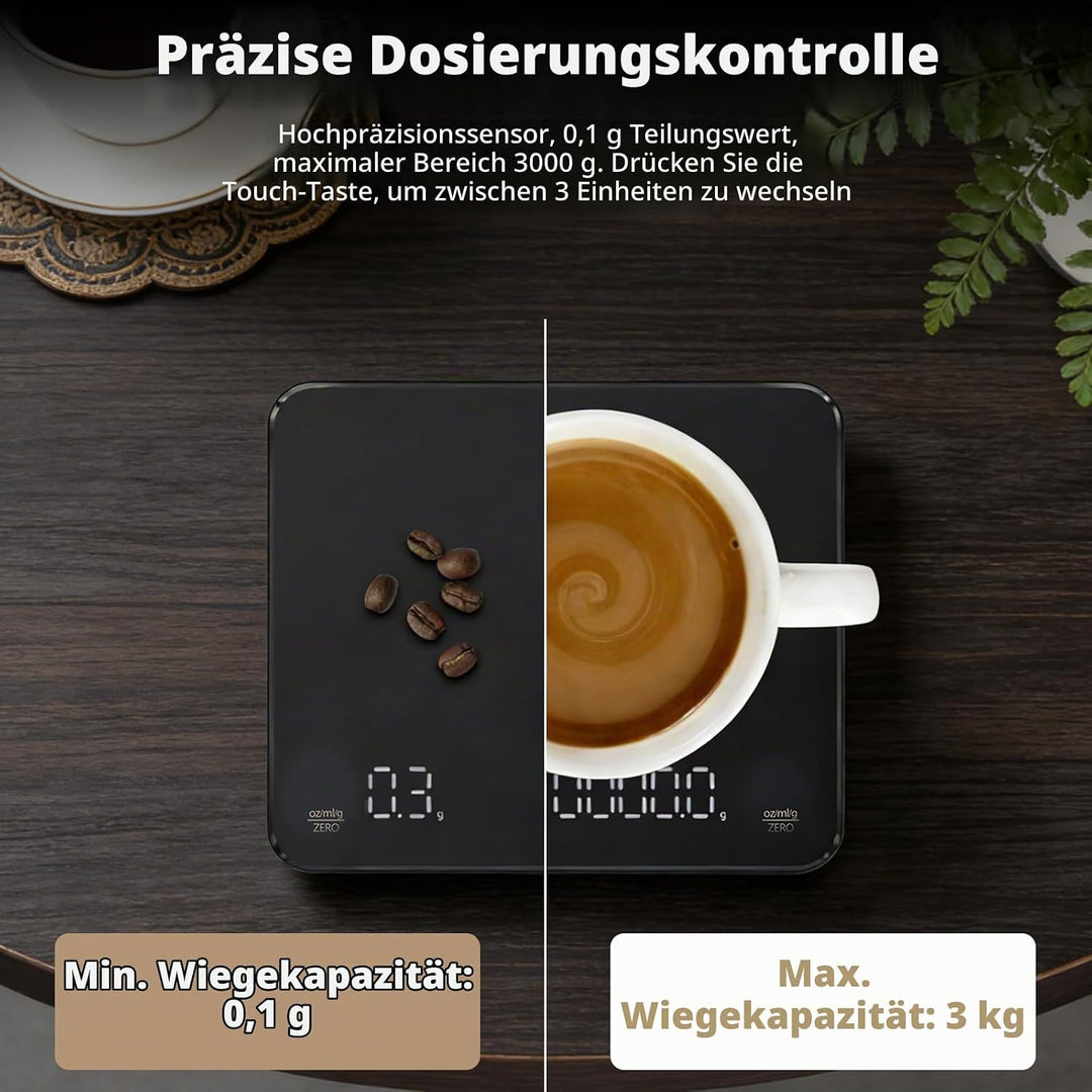 Kaffeewaage mit Timer, 3kg/0.1g Wiederaufladbare Digitale Küchenwaage, Tragbar mit LED-Anzeige &amp; Aut