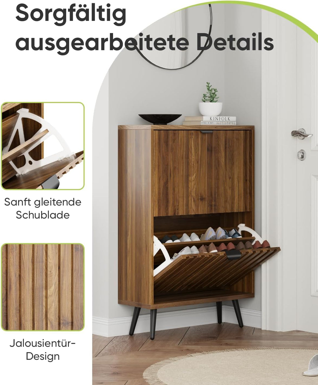 Schuhschrank, 60x24x94 cm, Walnussfarbe, 2 Klappen, 4 verstellbare Fächer, für 8-12 Paar Schuhe
