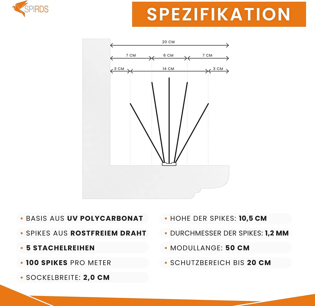 SPIRDS 5 m (10x50 cm) Balkon-Taubenabwehr Dichte Stacheln, Vogelabwehr zum Schutz von Blumenkasten F