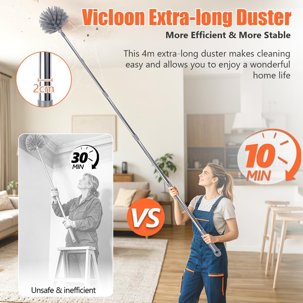 Vicloon Staubwedel Teleskop 4M für Lücken Decken Spinnweben, Grau, Grau
