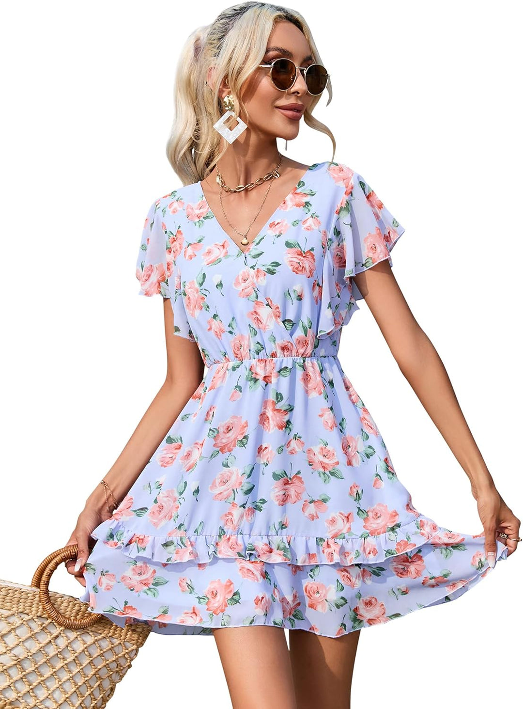 KOJOOIN Damen Sommerkleider Kurzarm Elegant V-Ausschnitt Boho Kleid Chiffon Blumenkleid Mini Kleid R
