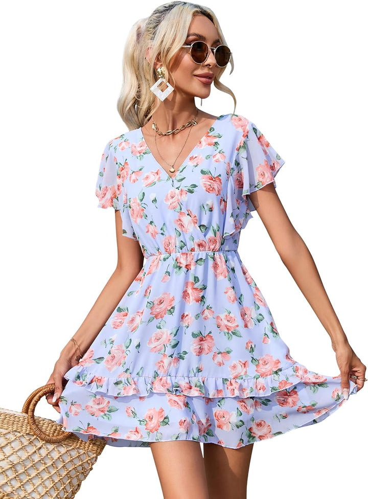 KOJOOIN Damen Sommerkleider Kurzarm Elegant V-Ausschnitt Boho Kleid Chiffon Blumenkleid Mini Kleid R