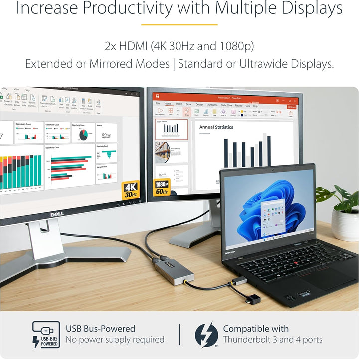 StarTech.com Dual Monitor Adapter, USB A/C auf 2x HDMI (1x 4K30Hz, 1x 1080p), externe grafikkarte, 1
