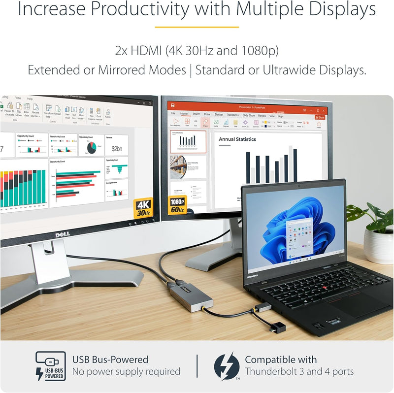 StarTech.com Dual Monitor Adapter, USB A/C auf 2x HDMI (1x 4K30Hz, 1x 1080p), externe grafikkarte, 1