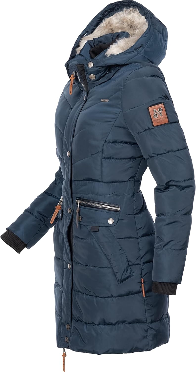 Navahoo Damen Wintermantel warmer Steppmantel lang mit Kapuze Paula XS-XXL S Blau, S Blau
