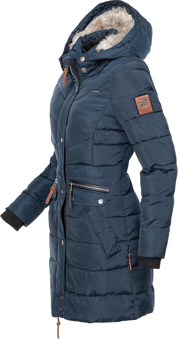 Navahoo Damen Wintermantel warmer Steppmantel lang mit Kapuze Paula XS-XXL S Blau, S Blau