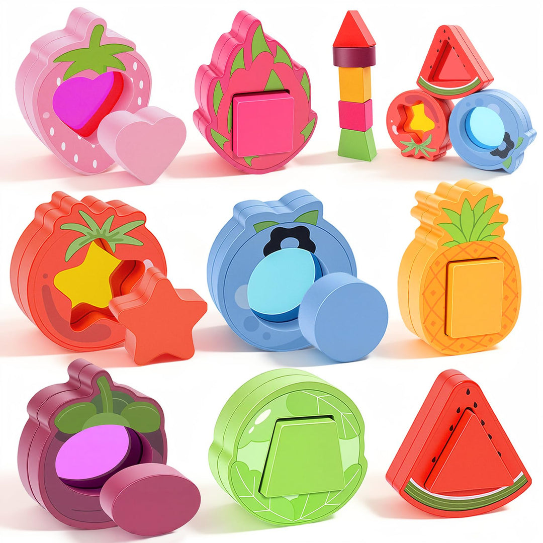 Montessori Spielzeug ab 1 Jahr, Steckspiel & Sortierspiel mit Obst Holzspielzeug - 8 Obst und Gemüse