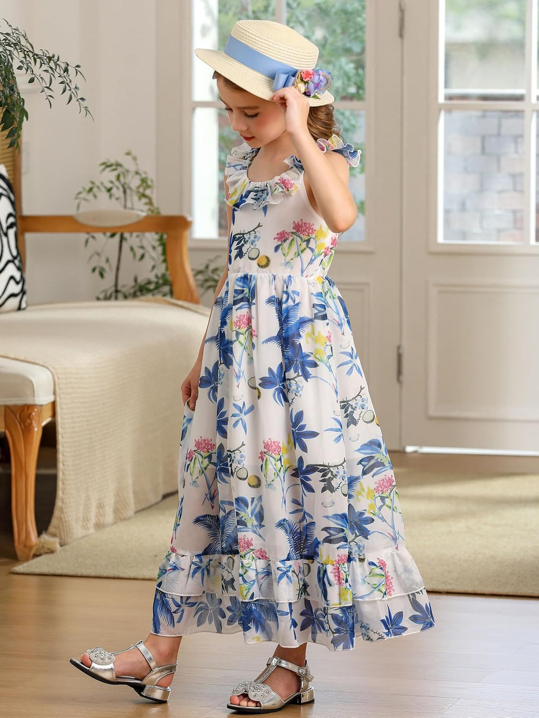 BONNY BILLY Sommerkleid Mädchen Trägerkleid Maxikleid Strandkleid Boho Kleid Chiffonkleid Blumenklei