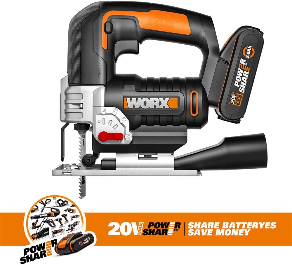 WORX 18V(20V MAX) Akku Stichsäge WX543.2, PowerShare, 2,0Ah, 45°Schnittwinkel, 4-Wege Pendelsystem,