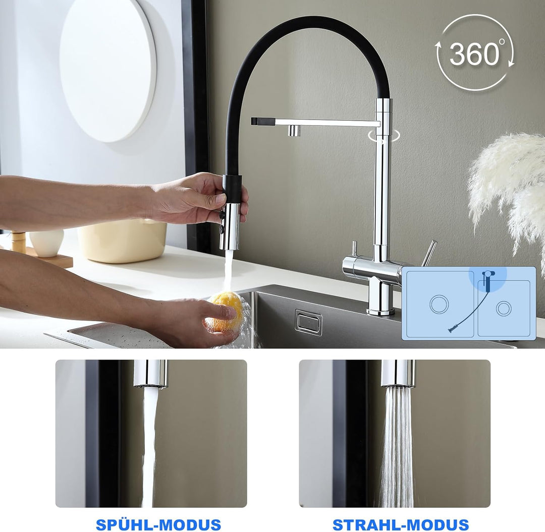 KEOKBON 3 Wege Wasserhahn, 360° Drehbar Küchenarmatur mit 2 Funktion Brause, 3 in 1 Mischbatterie Tr