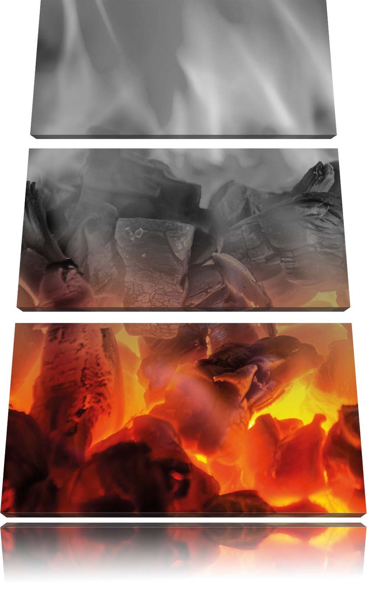 Pixxprint brennende Holzkohle in Kamin als Leinwandbild/Grösse: 3 Teilig (120x80 cm) cm/Wandbild/Kun