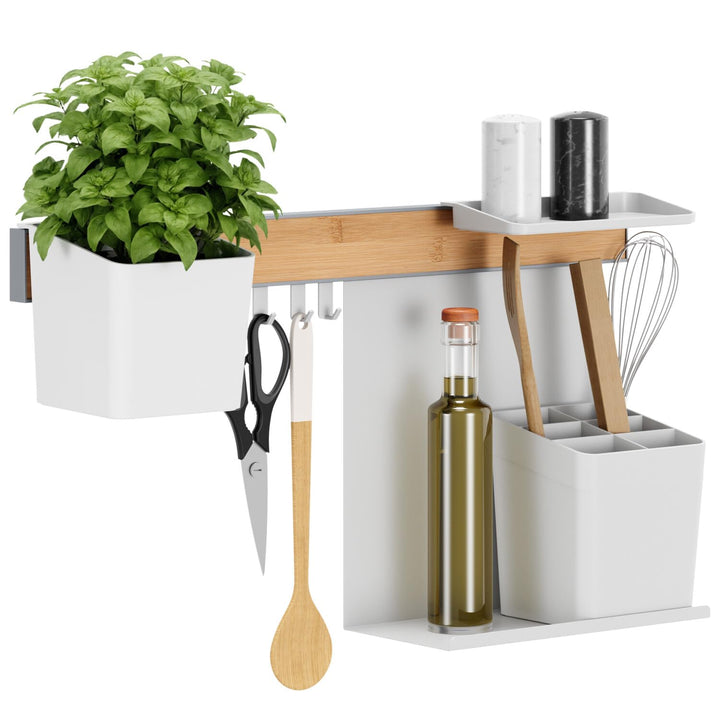tesa Küchen-Organizer Kombi-Set M - selbstklebende Küchenleiste mit Kräutertopf, 2 Ablagen, Küchenut