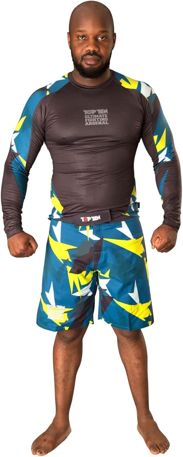 TOP TEN MMA Rash Guard „Jungle“ S Blau - Gelb, S Blau - Gelb