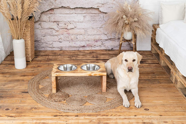 Woodworms Hunde-napf-Set mit Edelstahlnäpfen, Handgemachte Echtholz Hundebar, Futterbar für kleine,