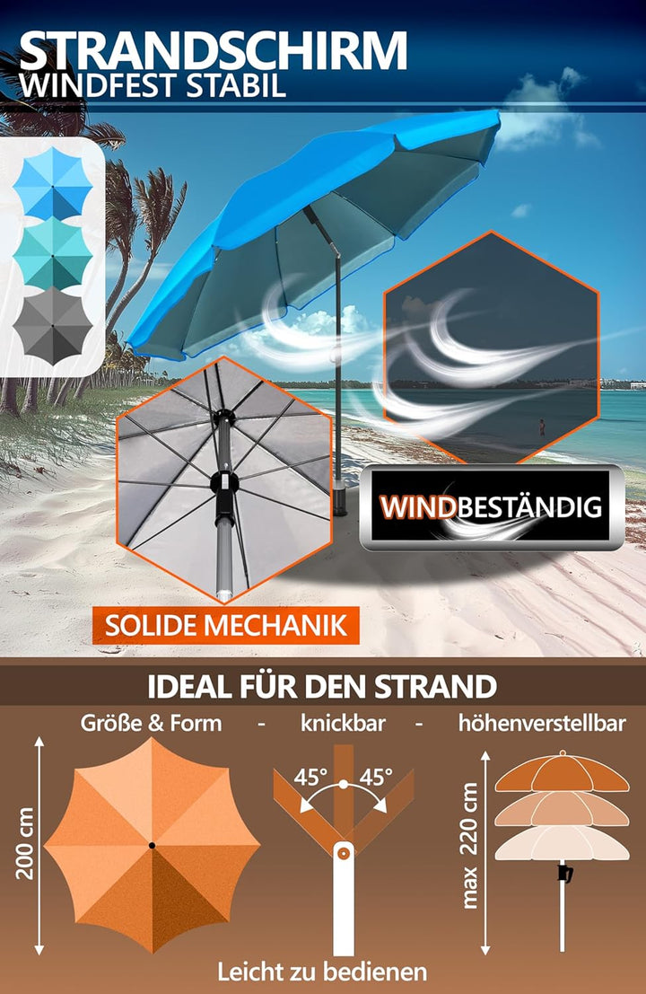 4smile Sonnenschirm Strand SunnyJoy Ø 200 cm, 3er Set - Strandschirm mit UV Schutz 50+, inkl. Sonnen