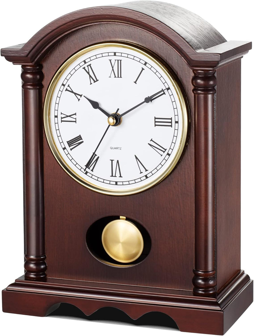 Klassische Kaminuhr – Elegante Tischuhr im Holzdesign mit goldfarbenem Pendel, Vintage Standuhr für