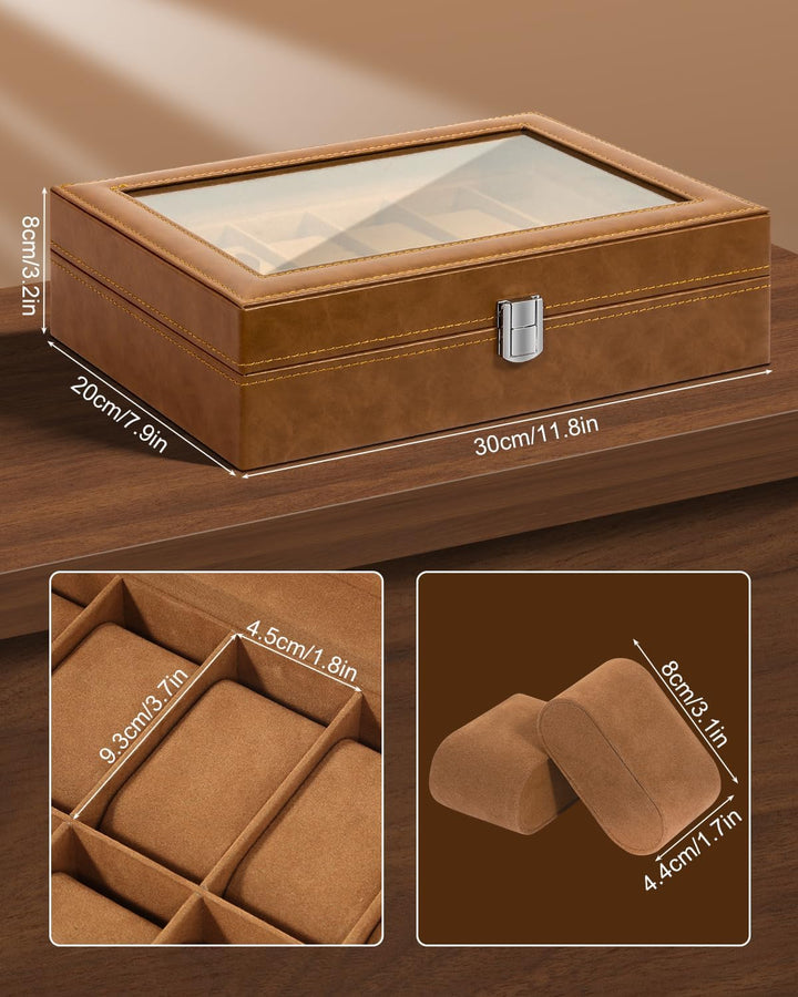 Uten Uhrenbox mit 12 Fächern, Uhrenbox mit Glasabdeckung, Uhrendisplay Aufbewahrungsbox für Damen un