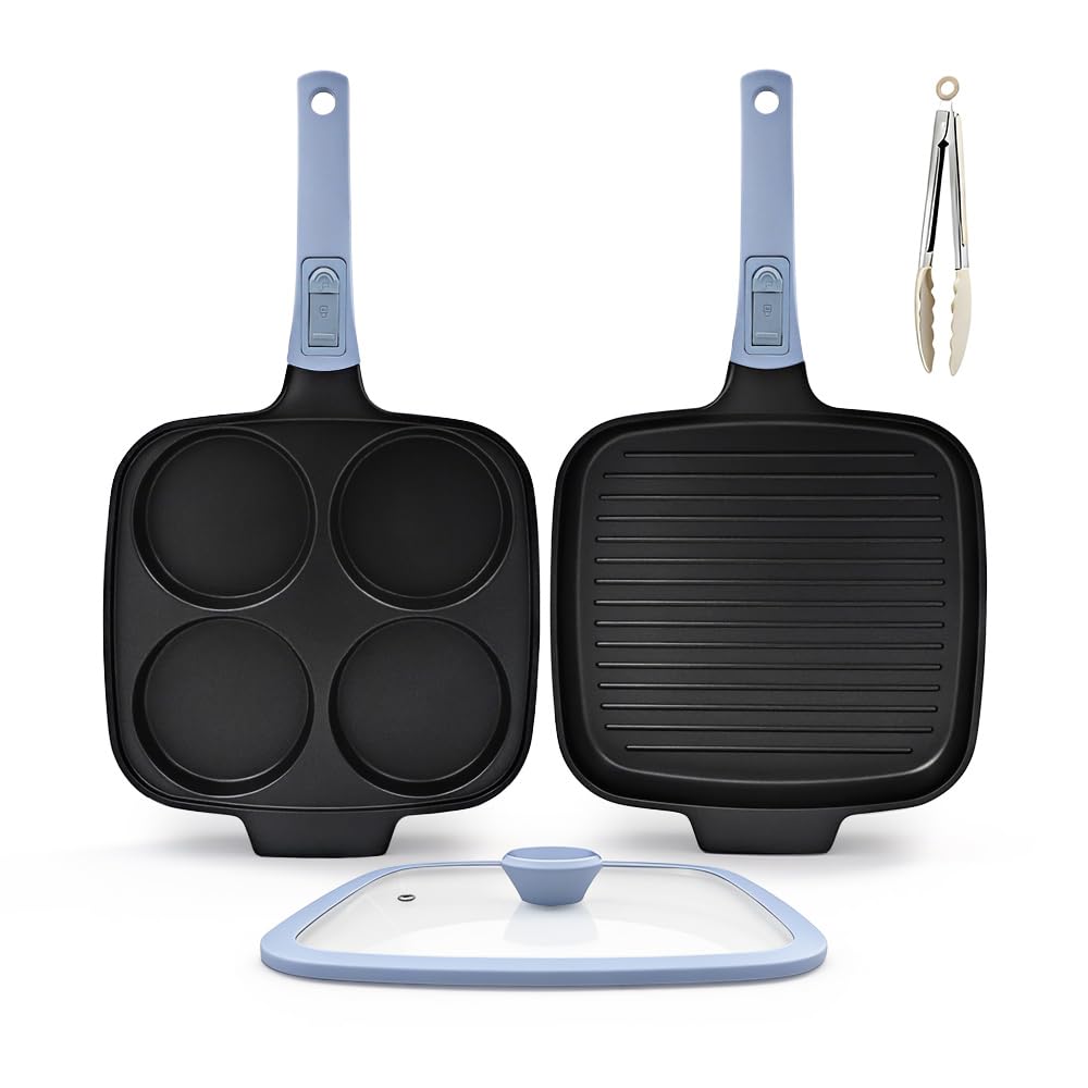 Pfannenset 2-teilig, Spiegeleipfanne mit Deckel 4 Loch + Grillpfanne Induktion 26 x 24 cm, Abnehmbar