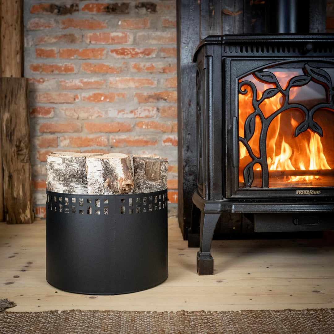 Kapaga – Kaminholzkorb 33 x 26 cm – Metall Schwarz pulverbeschichtet – Holzträger mit Muster – Robus