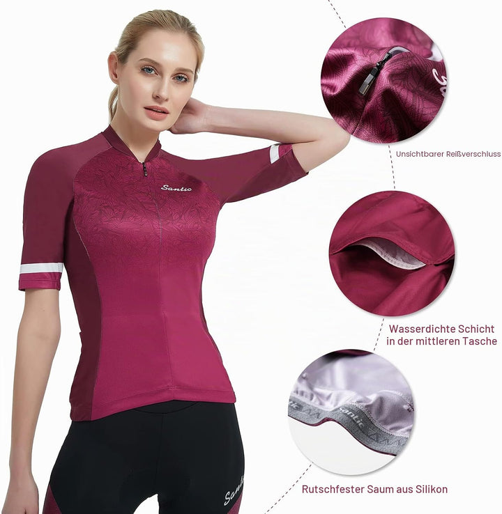 Santic Damen Radler-Trikot Kurzarm Atmungsaktives Fahrrad-Oberteil mit Reflektorstreifen Schnelltroc