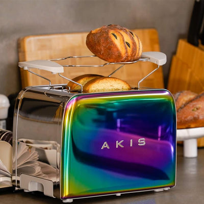 AKIS La Fête Design Toaster und Wasserkocher Set aus Edelstahl in Regenbogen bunter Farbe Modern, To