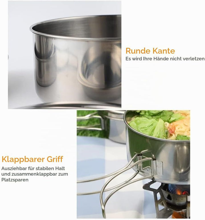 Lixada Camping Kochgeschirr Set 4-teiligtes Edelstahl Camping Topf Kompaktes Faltbare Campinggeschir