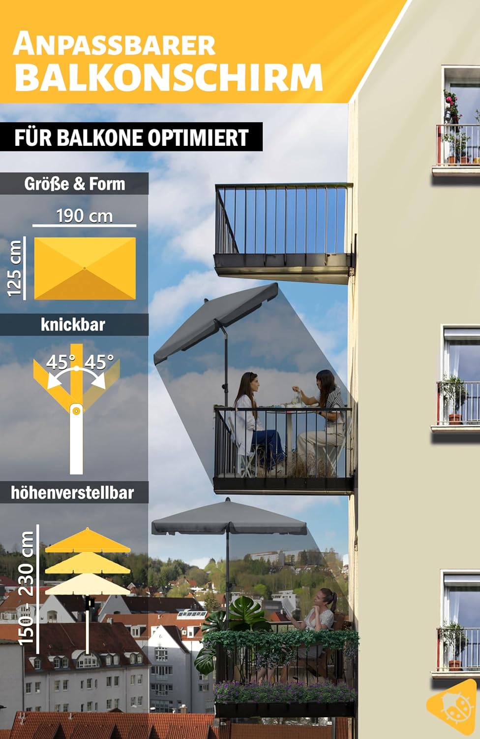 Menz Sonnenschirm, inkl. Sonnenschirmhülle - UPF 50+ Sonnenschirm rechteckig 200 x 125 cm, Sonnensch
