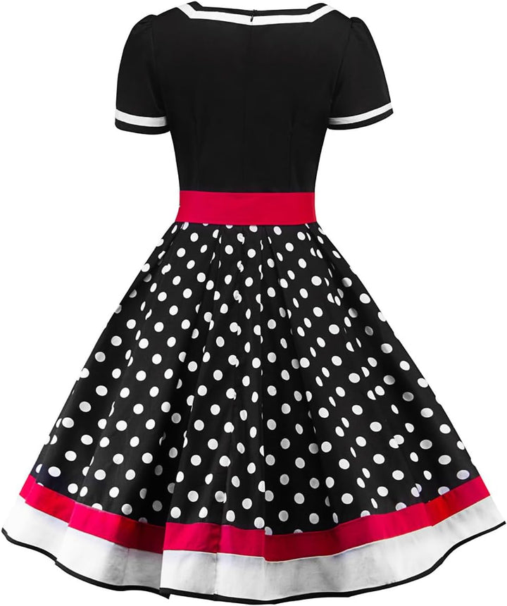 AXOE Damen Gepunktet Rockabilly Vintage Kleid mit Gürtel Partykleid S Schwarz, S Schwarz