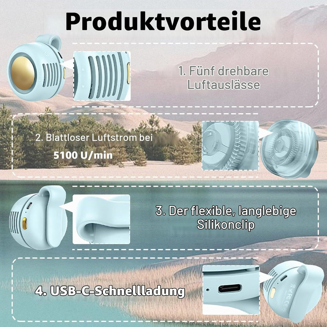Mini Flügelloser Clip-Ventilator mit 360°, Drehung - Tragbarer USB-C Wiederaufladbarer Hals Taillenv