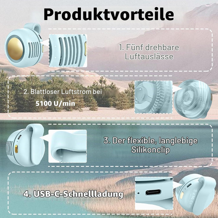 Mini Flügelloser Clip-Ventilator mit 360°, Drehung - Tragbarer USB-C Wiederaufladbarer Hals Taillenv