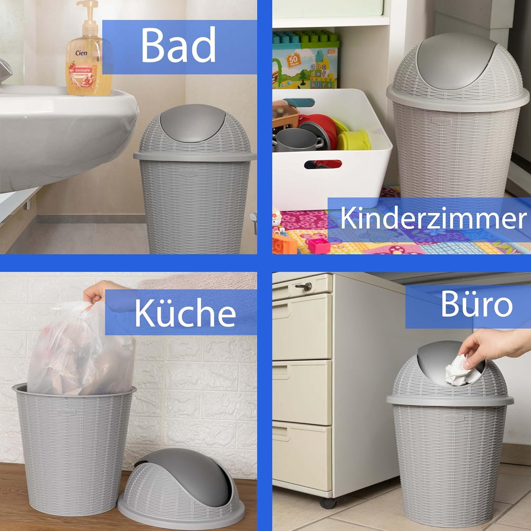 Mülleimer 10 Liter rund Weiss Rattanoptik Schwingdeckel Schwingdeckeleimer Kunststoff Küche Büro Bad