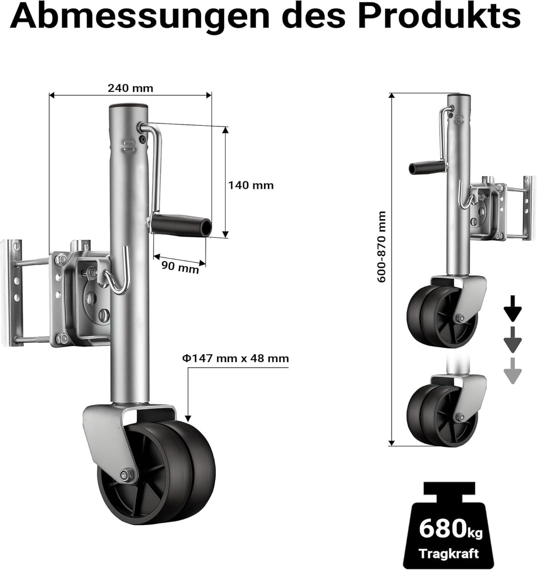 Wiltec Doppelstützrad bis 680 kg, Anhängerstütze aus Stahl, Stützlast Bugrad mit Schwenkarm, Schwerl