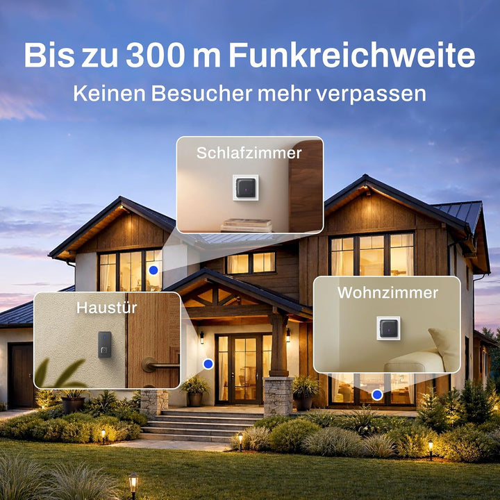 HBN Funkklingel mit 2 Empfängern, Kabellose Türklingel Funk Set, grosse Reichweite Türklingel mit Ba
