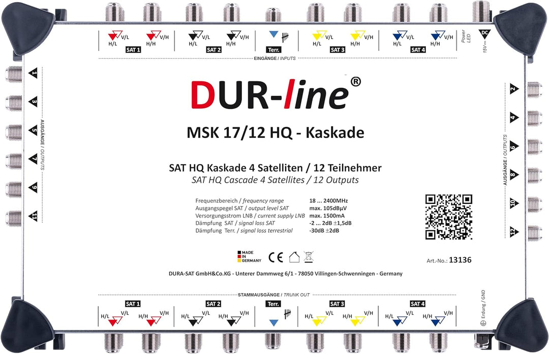 DUR-line MSK 17/12 HQ Multischalter-Kaskade - Für 4 Satelliten und 12 Teilnehmern/TV (erweiterbar) -