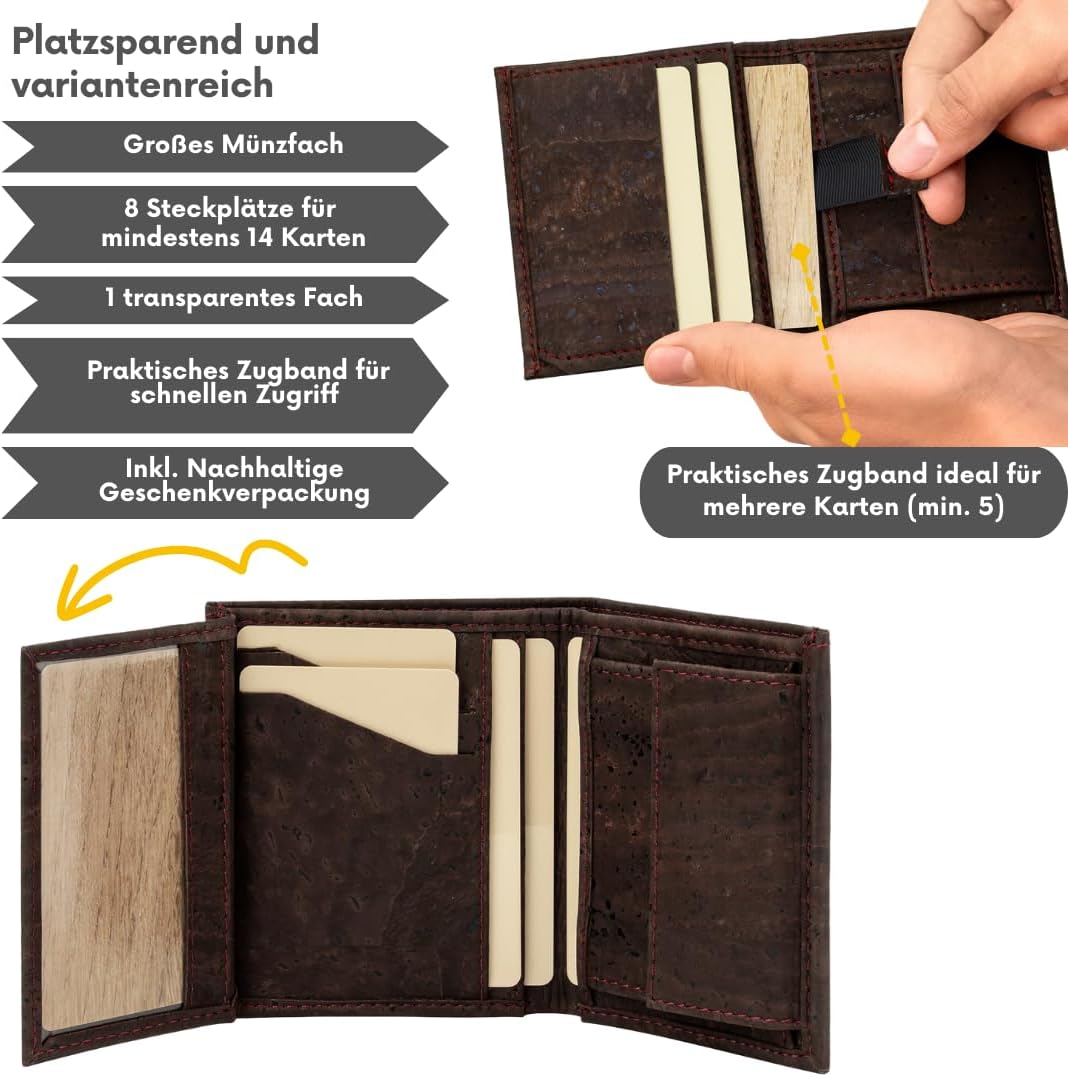 Simaru Kork Geldbeutel, Slim Wallet mit Zuglasche für Kartenfach, Unisex Mini Geldbeutel, Portemonna