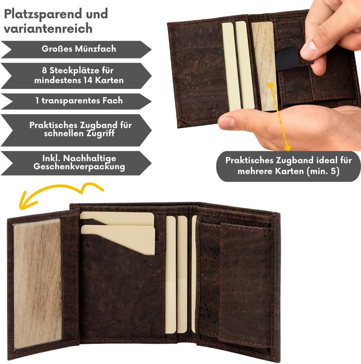 Simaru Kork Geldbeutel, Slim Wallet mit Zuglasche für Kartenfach, Unisex Mini Geldbeutel, Portemonna