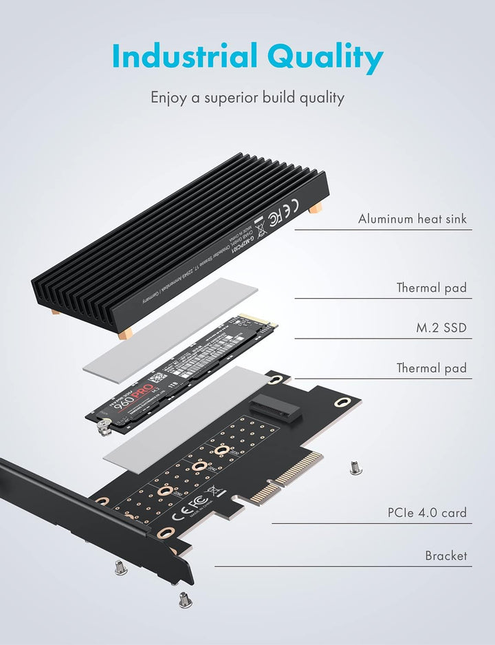 GRAUGEAR M.2 PCIe 4.0 Adapter-Karte für NVMe SSD, M-Key, grosser Aluminium-Kühlkörper, Unterstützt 2