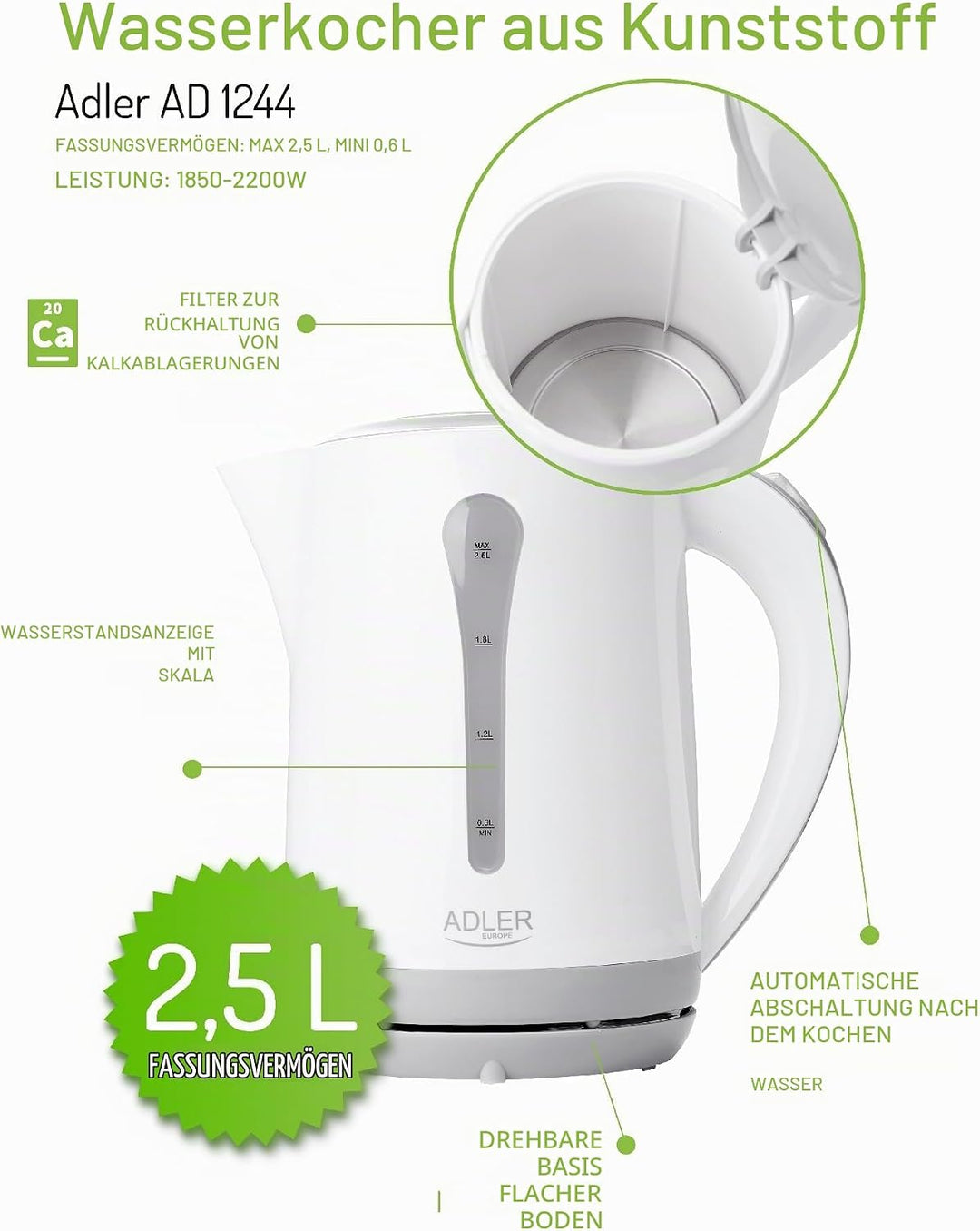 Adler AD 1244 Wasserkocher 2,5 L, Weiss/Grau