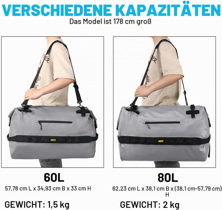 MIER Wasserfeste Reisetasche Duffle Bag mit Rucksackfunktion Rolltop Sporttasche für Seesack, Schwim