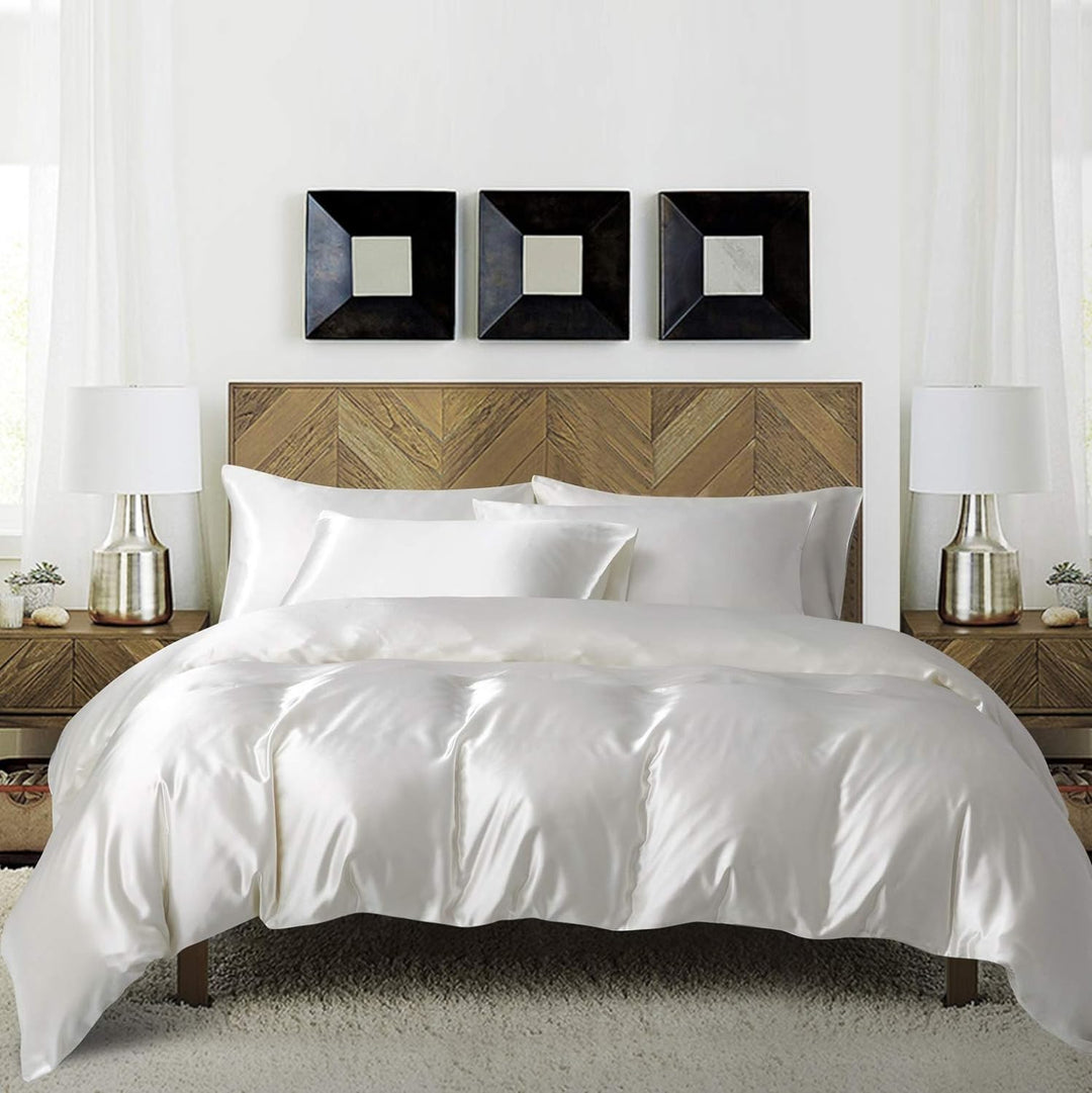 Damier Bettwäsche 200x200cm Weiss Satin Glänzend Bettbezug Set 3 Teilig Deluxe Hotelqualität Satin D