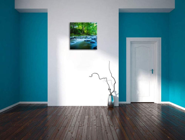 Fluss mit Steinen, Format: 70x70 auf Leinwand, XXL riesige Bilder fertig gerahmt mit Keilrahmen, Kun