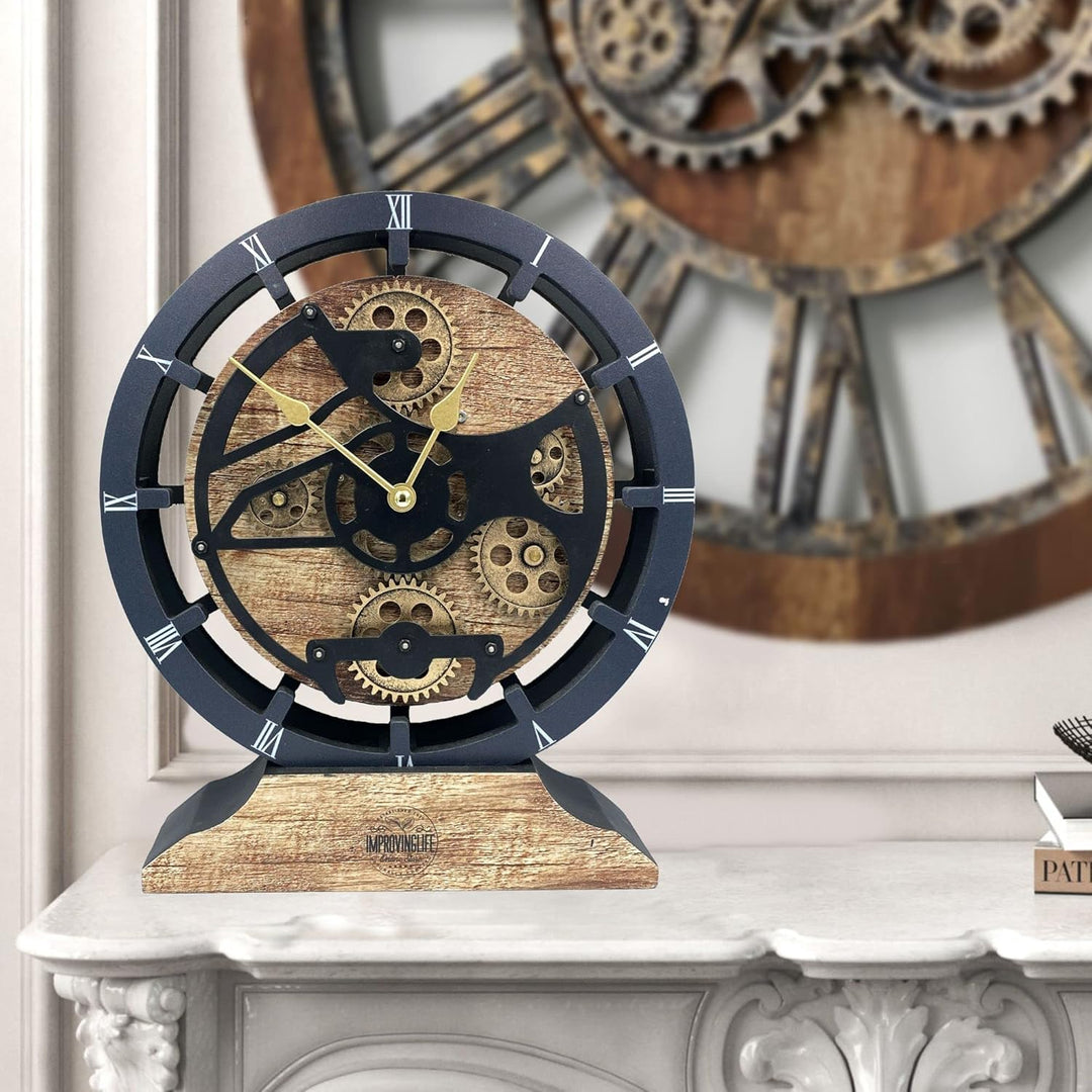 Tischuhr 25,4 cm mit echten beweglichen Zahnrädern, umwandelbar in Wanduhr (Vintage Brown)