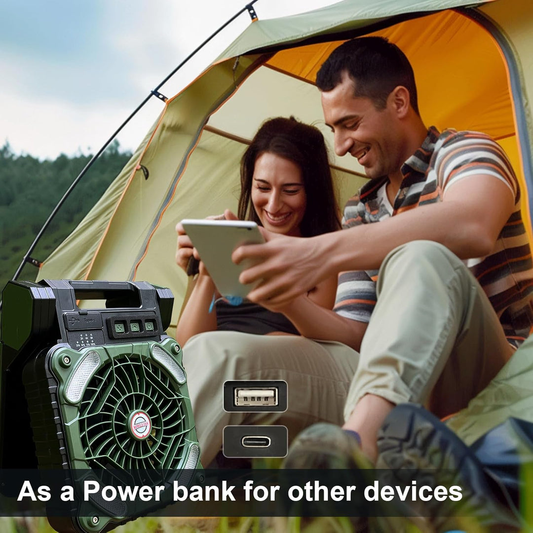 GY Solar Camping Ventilator mit LED-Licht & 10400mAh Akku – 4 in 1 Tragbarer Tischventilator, 4 Gesc