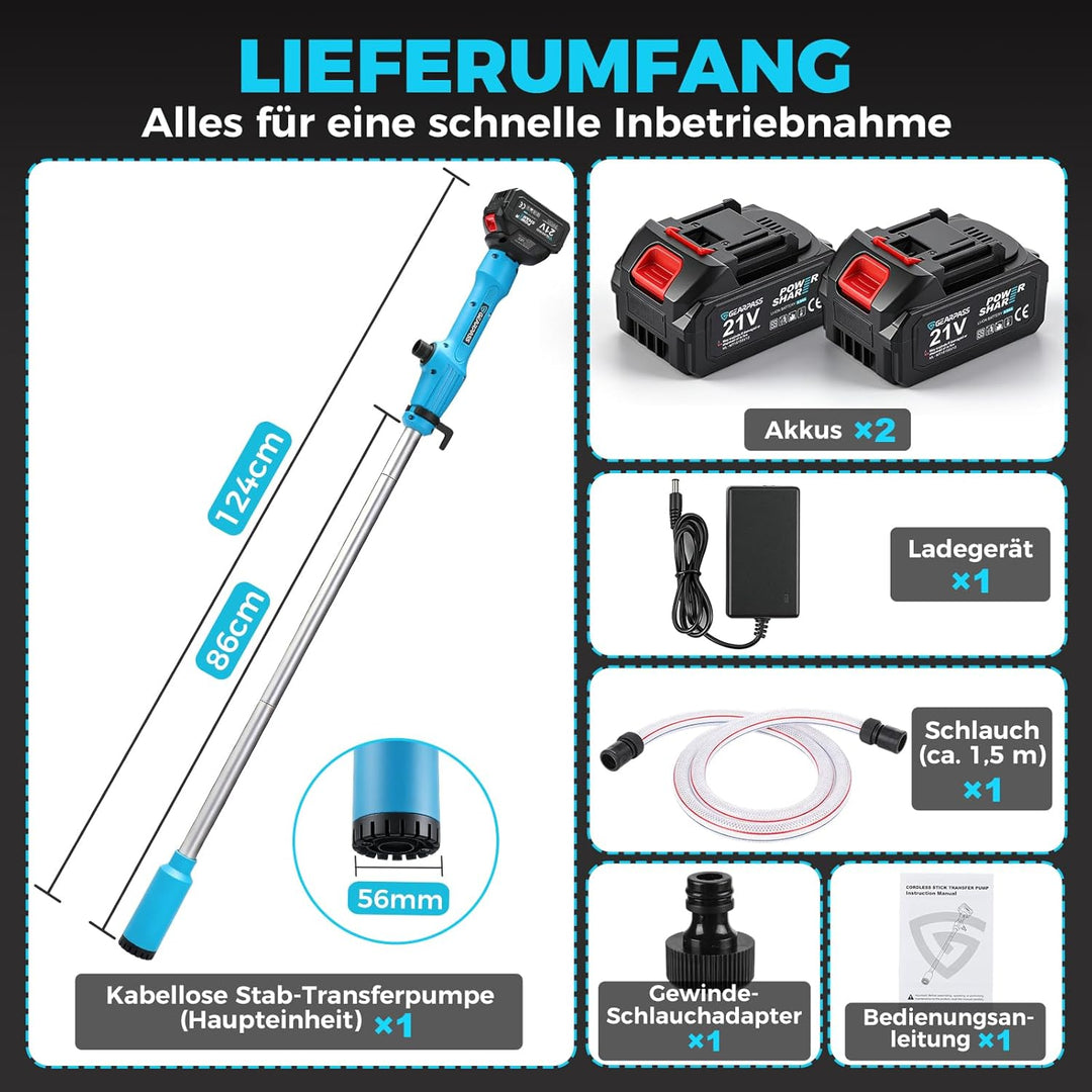 Kabellose Stab-Transferpumpe für Wasser/Diesel, 56mm Einlass unten, 2725L/h, Inkl. 2x 4,0 Ah Akku, 6