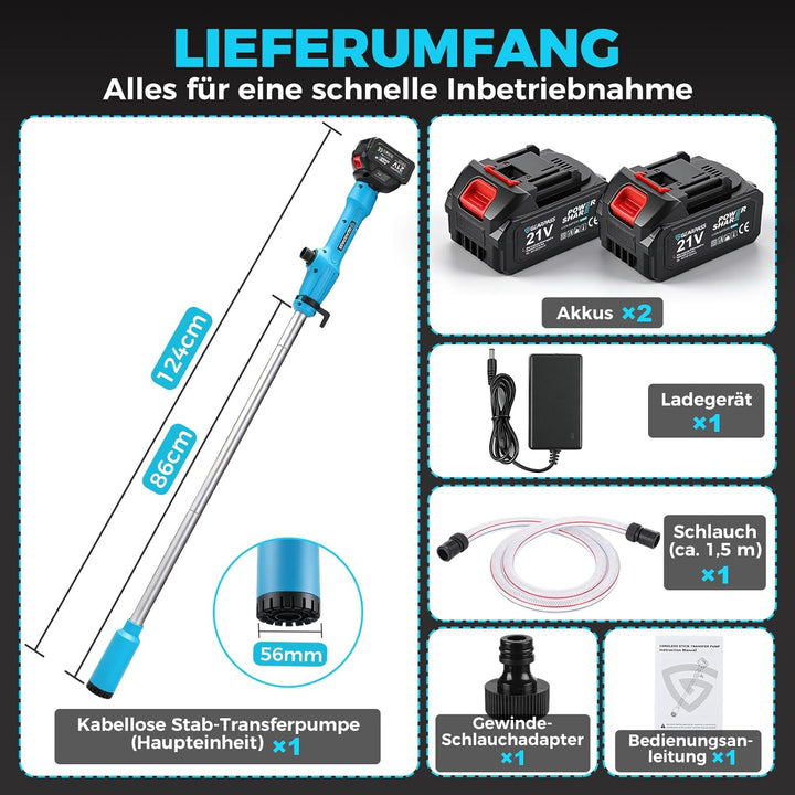 Kabellose Stab-Transferpumpe für Wasser/Diesel, 56mm Einlass unten, 2725L/h, Inkl. 2x 4,0 Ah Akku, 6