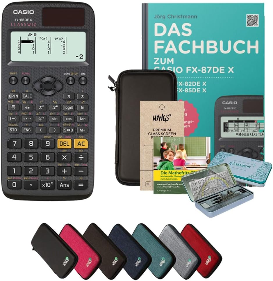 CALCUSO Streberpaket: Casio FX-85DE X + WYNGS Schutztasche schwarz + Fachbuch von CALCUSO + Displays