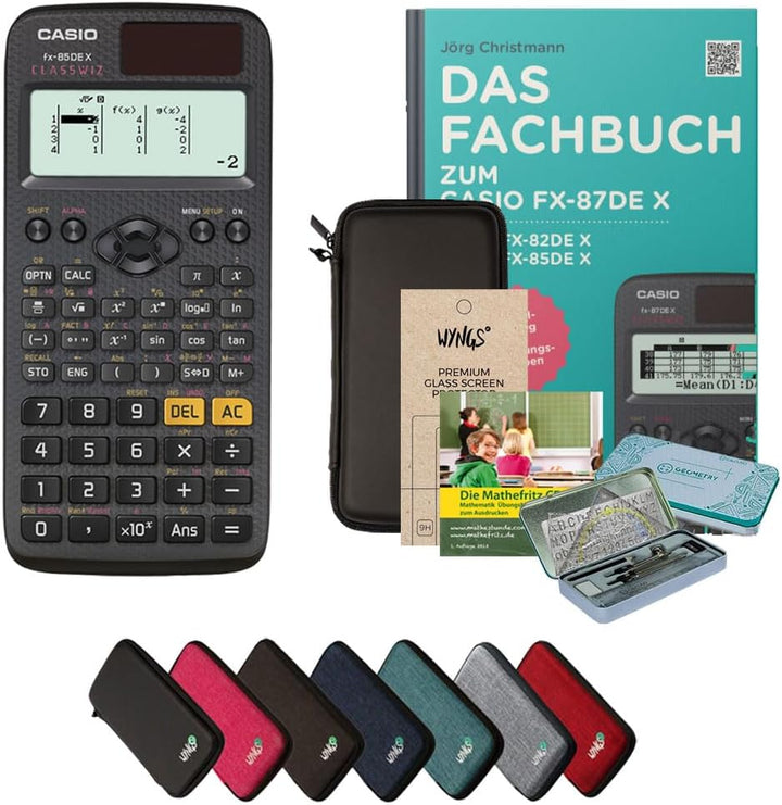 CALCUSO Streberpaket: Casio FX-85DE X + WYNGS Schutztasche schwarz + Fachbuch von CALCUSO + Displays