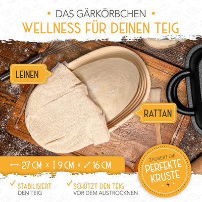 KRUSTENZAUBER 28cm Gusseisen Bräter mit Deckel backofengeeignet inkl. Gärkorb - eckiger Topf Brot Ba