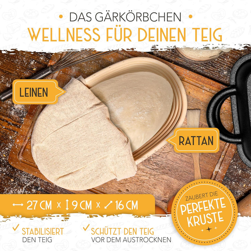 KRUSTENZAUBER 28cm Gusseisen Bräter mit Deckel backofengeeignet inkl. Gärkorb - eckiger Topf Brot Ba
