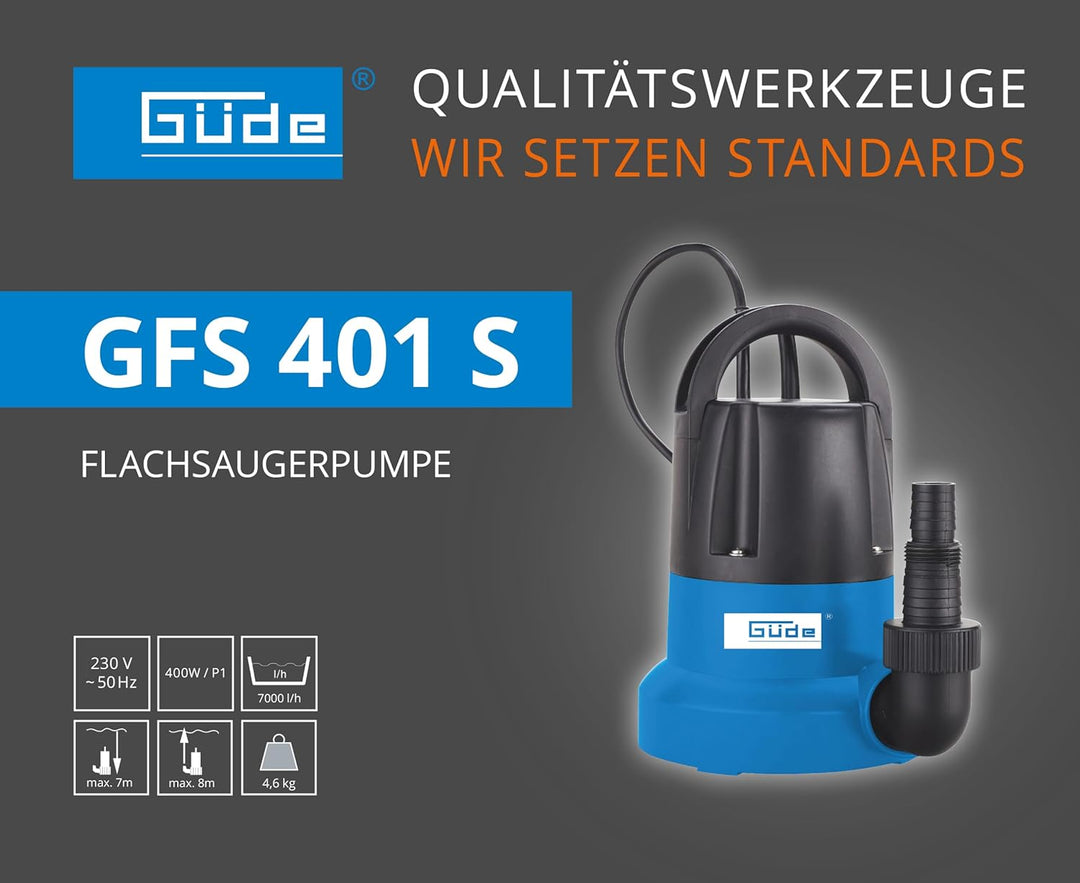 Güde 94627 GFS 401 S Flachsaugerpumpe Tauchpumpe Kellerpumpe (400W, 7000l/h, 8m Förderhöhe, 1mm max.